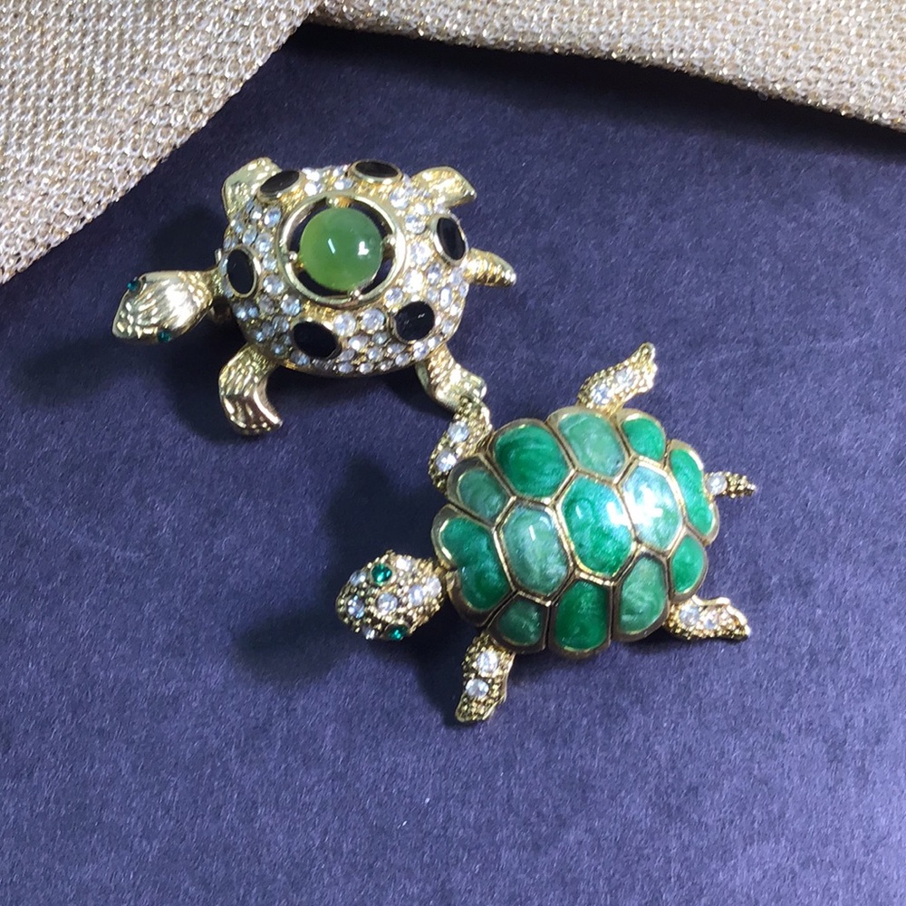 Two turtle tortoise sea turtle brooches With green gem eyes Vintage jewelry